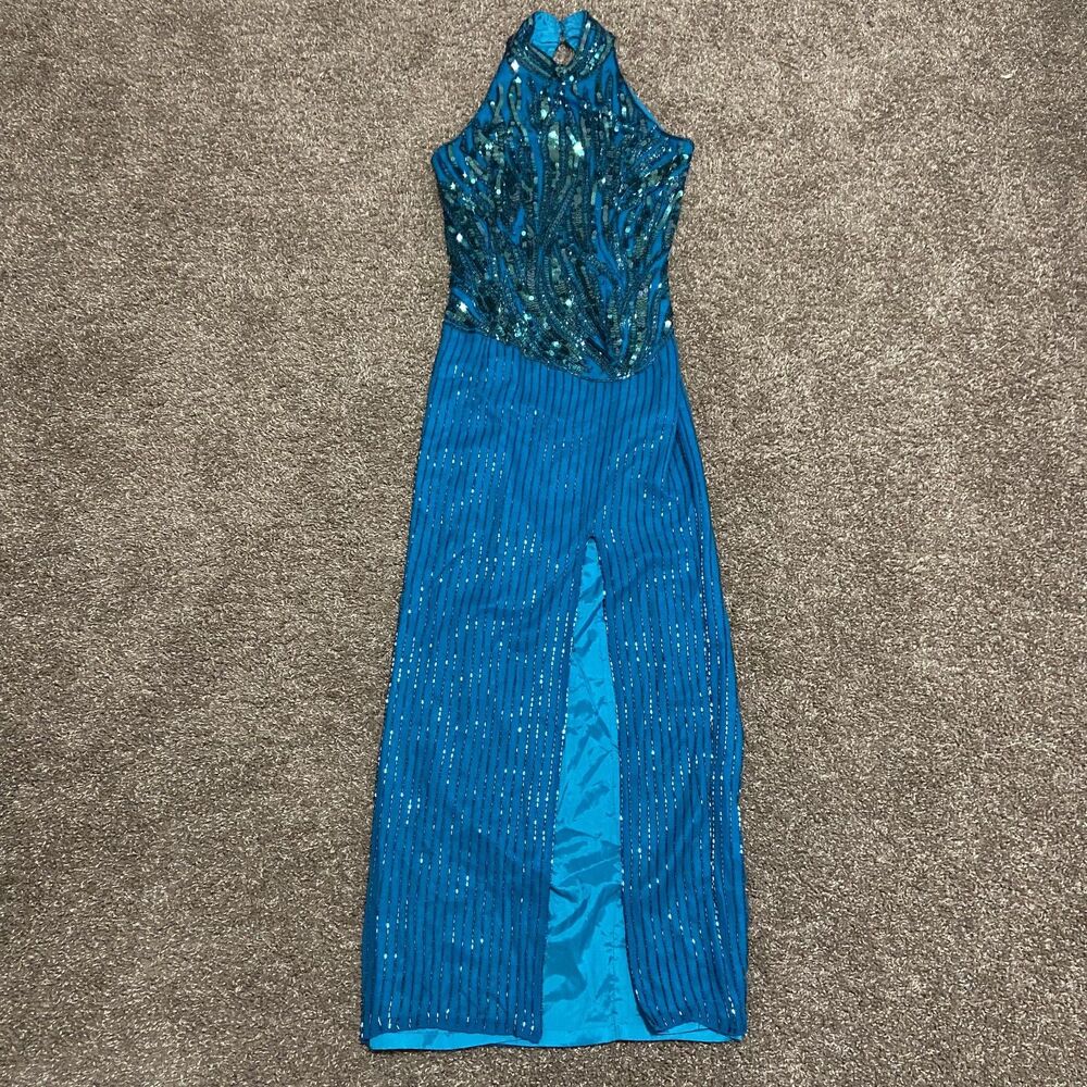 Vintage Nadine Blue Hand Beaded Sequin Halter Cocktail/Evening Long Dress